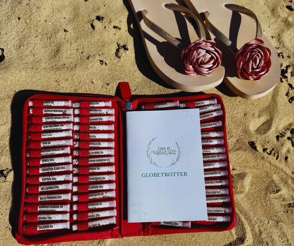 60 homeopathy remedy bottles in a red wallet for travelling